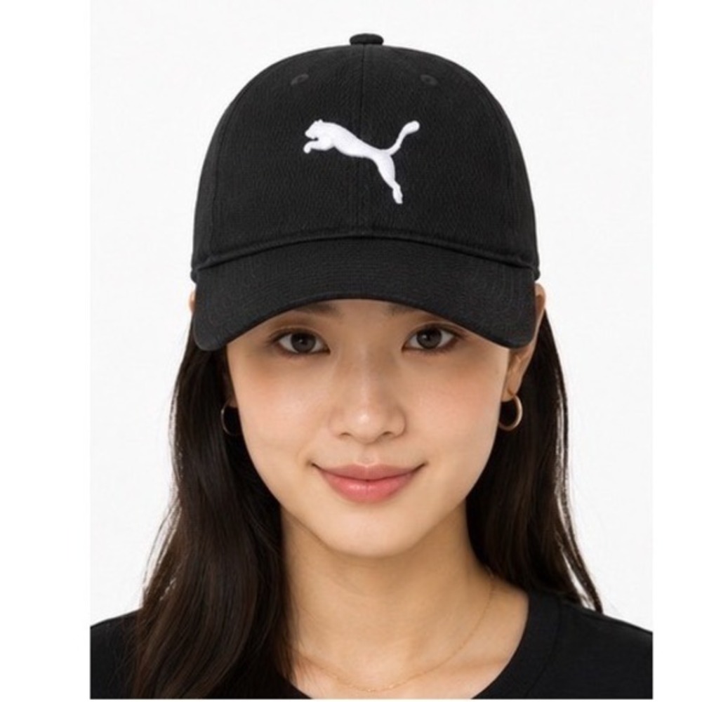 Puma Black Baseball Cap Adjustable Hat White Embroidered Logo Athletic 30-21